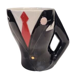 Department 56 Coffee Mug Mens Suit Jacket Red Tie Corsage RARE Wedding Groom